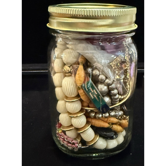 Jewelry Jar Wearable Lot Beads Necklaces Bracelets Earrings Vintage 16oz Jar - Picture 9 of 9